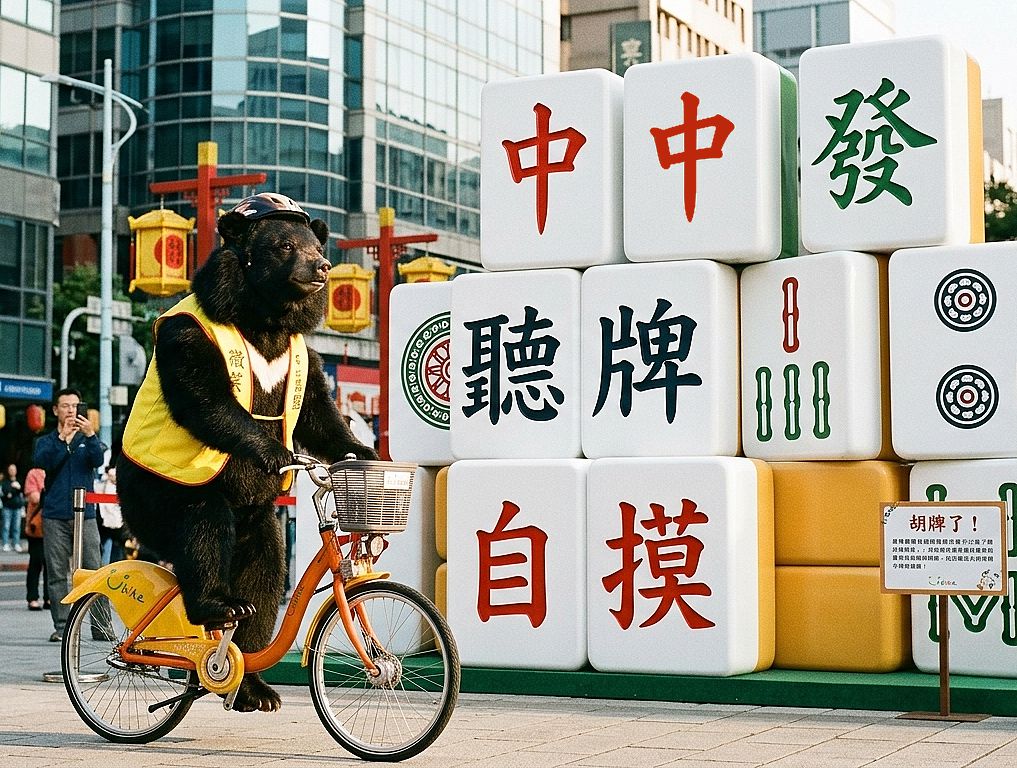 台灣黑熊,台灣熊愛打麻將,台灣黑熊打麻將,熊掌摸牌,YouBike黑熊騎士,台北市信義區揪團打牌,YouBike黑熊飆車族,大三元裝置藝術,慶祝胡牌放假一天